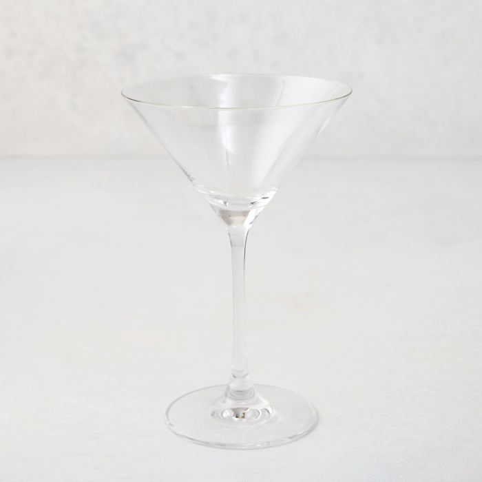 Clear glass Midtown Martini Glass, 8.5"H, 8oz, with wide brim and conical bowl.
