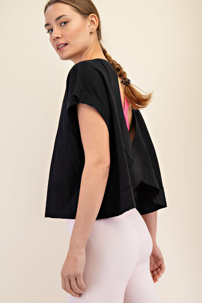 Mile High Black Cotton Slub Open Back Top