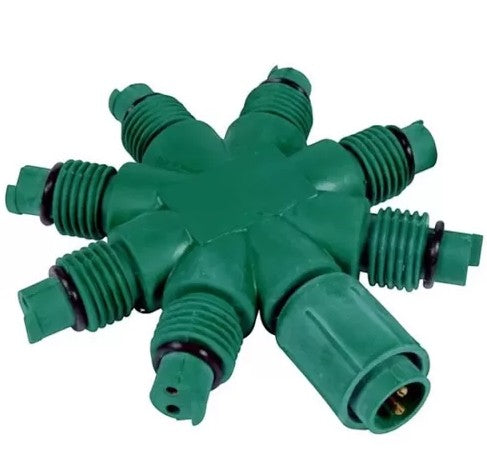 Certified Lights green 8-way coaxial splitter with rubber rings for water-resistant connections. Splits power for RGB/DRGBWW lights.