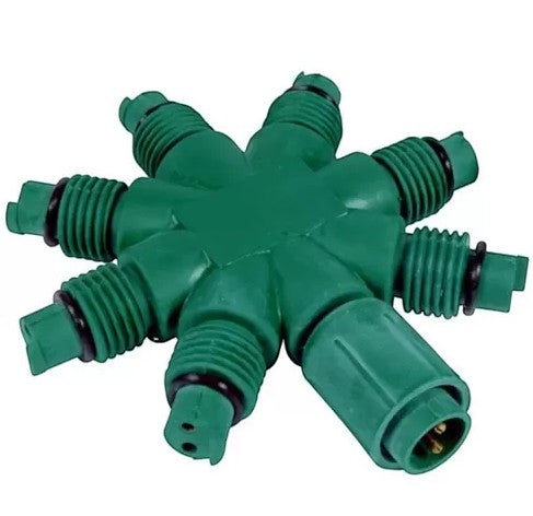 Certified Lights green 8-way coaxial power splitter with rubber rings for water-resistant connections.