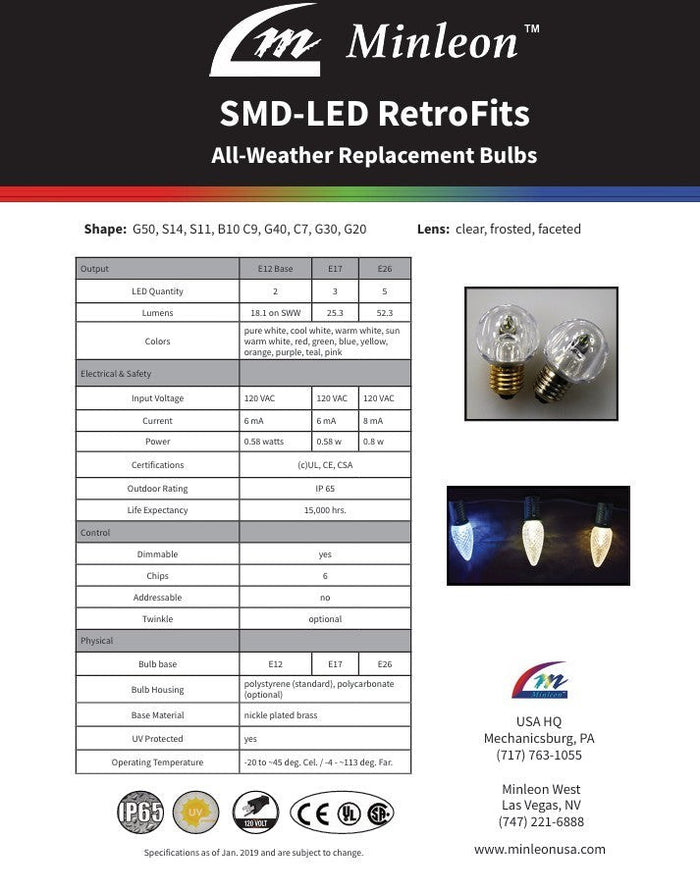 Certified Lights Minleon V1 C9 Faceted LED SMD Retrofit Bulbs, clear, frosted, faceted lens, IP65 waterproof, dimmable.