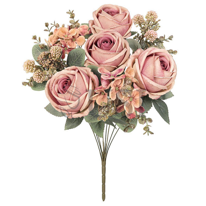 Mixed Eden Rose Hydrangea Berry Flower Bush w Filler x8, 19in, Rose Cafe
