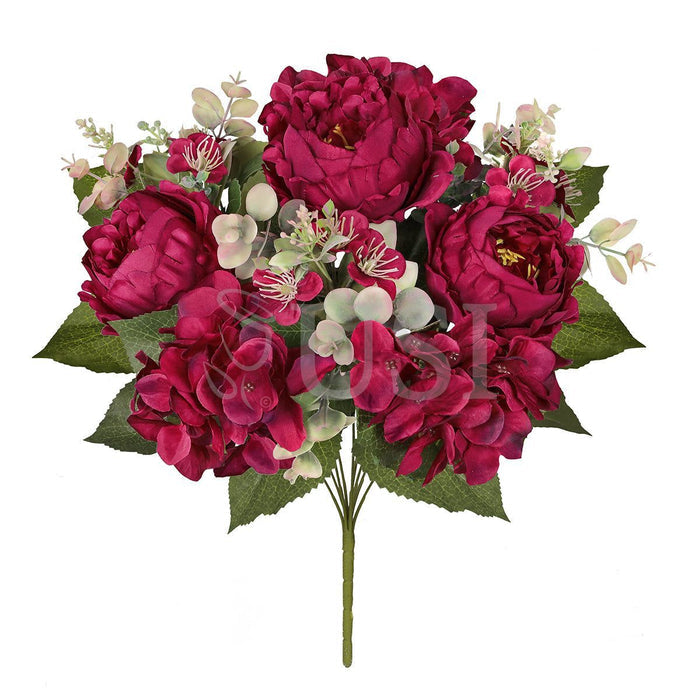 Mixed Peony Hydrangea Blossom Flower Bush w Filler x9, 17in, Burgundy
