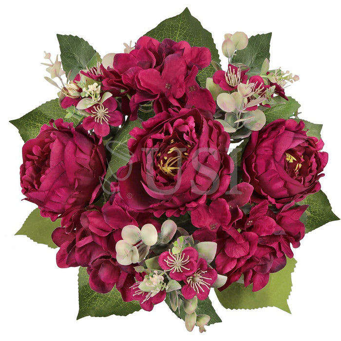 Mixed Peony Hydrangea Blossom Flower Bush w Filler x9, 17in, Burgundy