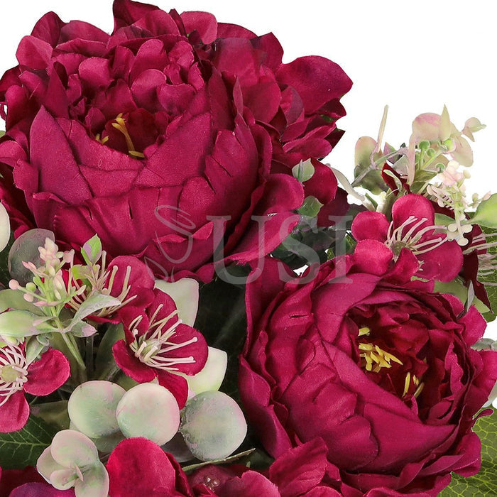 Mixed Peony Hydrangea Blossom Flower Bush w Filler x9, 17in, Burgundy