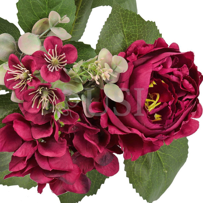 Mixed Peony Hydrangea Blossom Flower Bush w Filler x9, 17in, Burgundy