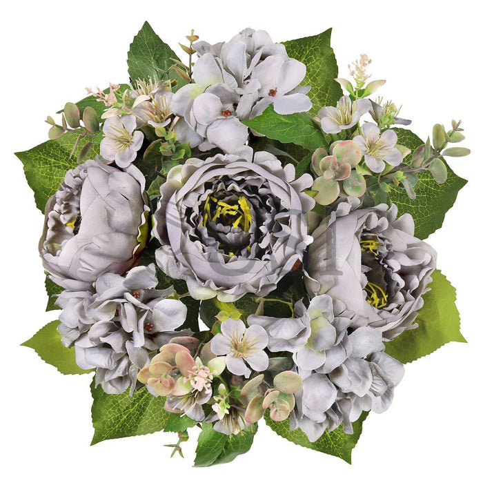Mixed Peony Hydrangea Blossom Flower Bush w Filler x9, 17in, Grey