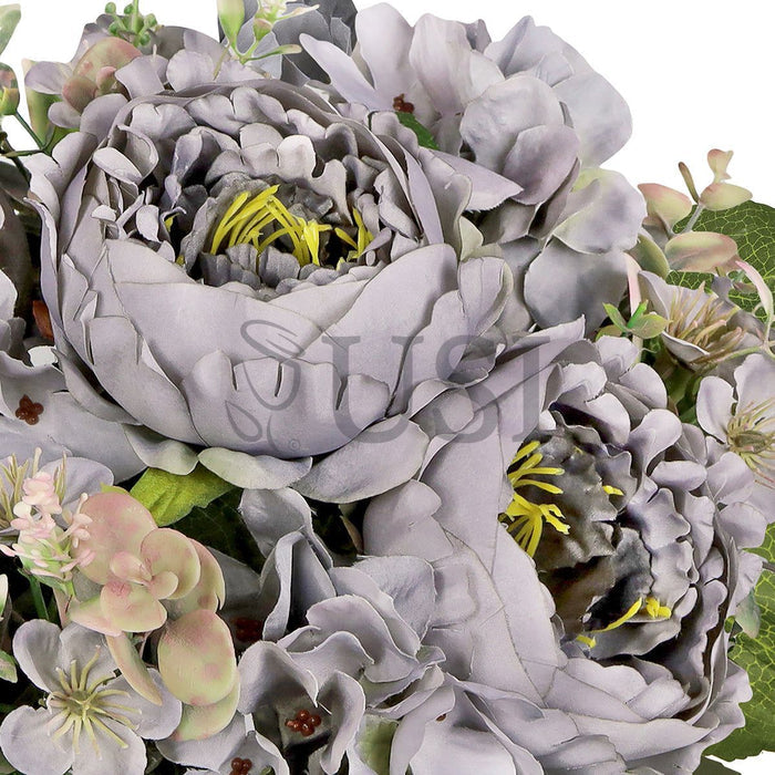 Mixed Peony Hydrangea Blossom Flower Bush w Filler x9, 17in, Grey