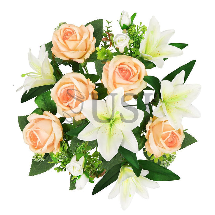 Mixed Rose Stargazer Lily Flower Bush w Filler x12, 18in, Peach Cream