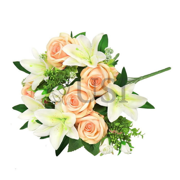 Mixed Rose Stargazer Lily Flower Bush w Filler x12, 18in, Peach Cream