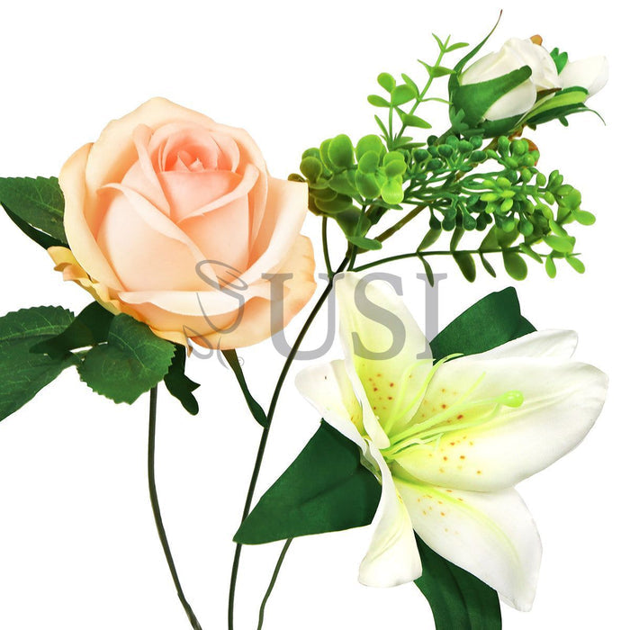 Mixed Rose Stargazer Lily Flower Bush w Filler x12, 18in, Peach Cream