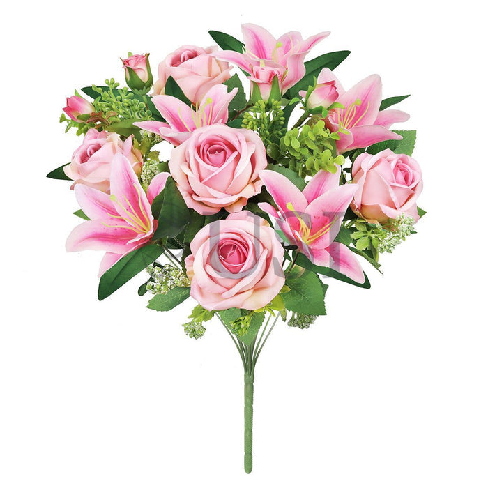 Mixed Rose Stargazer Lily Flower Bush w Filler x12, 18in, Pink