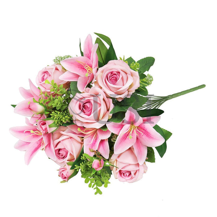 Mixed Rose Stargazer Lily Flower Bush w Filler x12, 18in, Pink