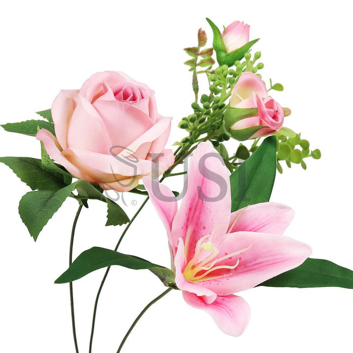 Mixed Rose Stargazer Lily Flower Bush w Filler x12, 18in, Pink