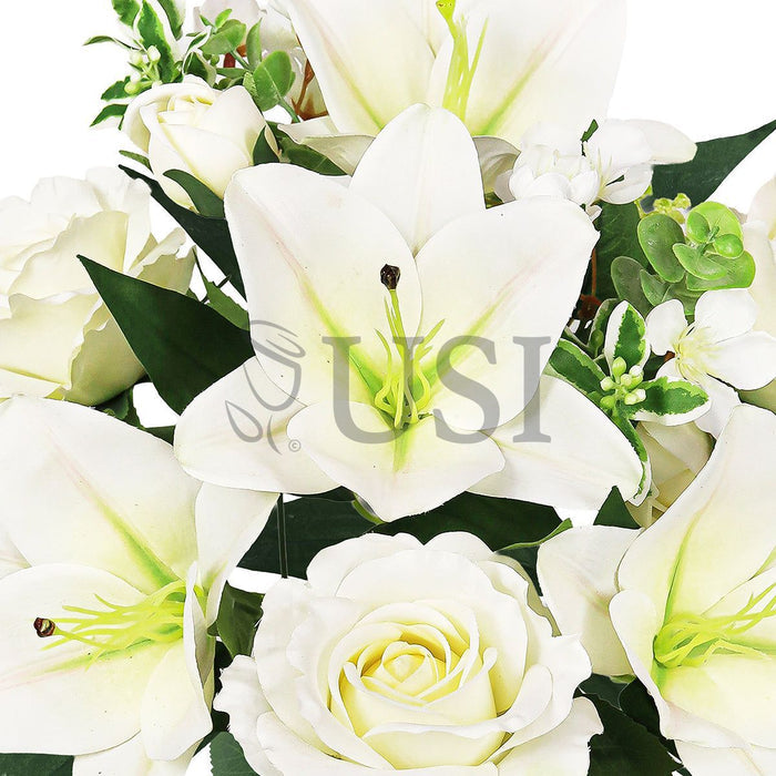 Mixed Sweet Rose Lily Blossom Flower Bush w Filler x9, 20in, Cream White