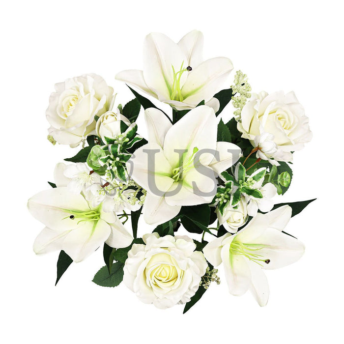 Mixed Sweet Rose Lily Blossom Flower Bush w Filler x9, 20in, Cream White