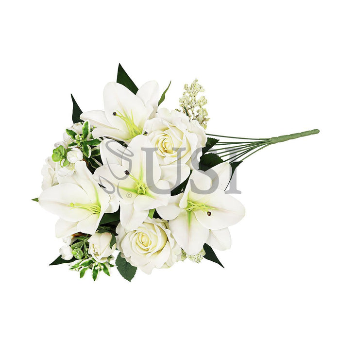 Mixed Sweet Rose Lily Blossom Flower Bush w Filler x9, 20in, Cream White
