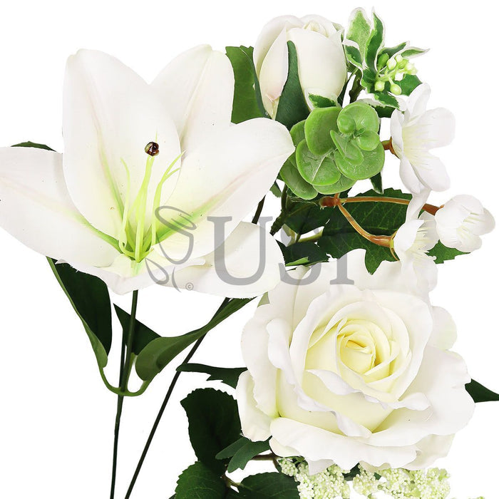 Mixed Sweet Rose Lily Blossom Flower Bush w Filler x9, 20in, Cream White