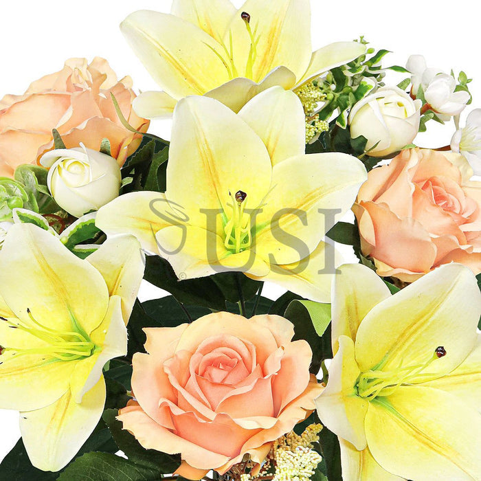 Mixed Sweet Rose Lily Blossom Flower Bush w Filler x9, 20in, Yellow Peach