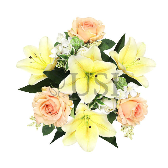 Mixed Sweet Rose Lily Blossom Flower Bush w Filler x9, 20in, Yellow Peach