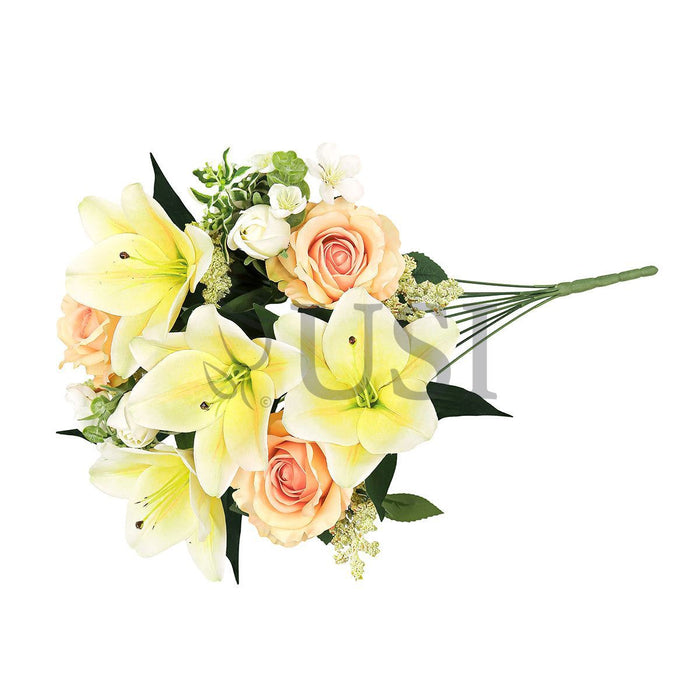 Mixed Sweet Rose Lily Blossom Flower Bush w Filler x9, 20in, Yellow Peach