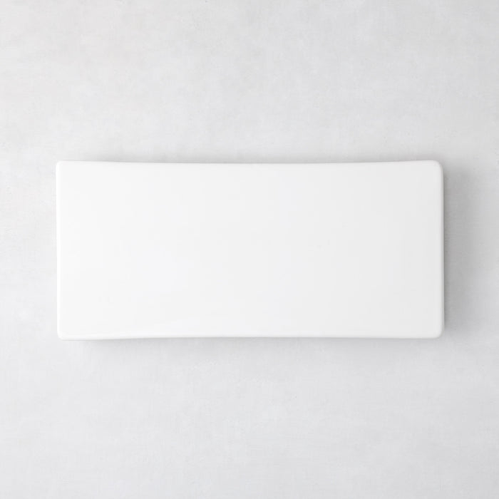 Modern rectangular white ceramic serving platter, 14.75"L x 6.75"W, with clean lines and low profile.