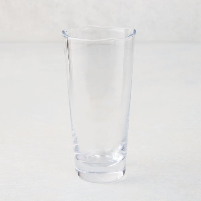 Clear Mozes Scissor-Cut Water Glass, 10.5 oz., thick air-blown glass with a rippled rim.