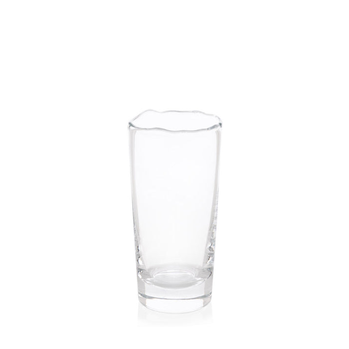 Clear Mozes Scissor-Cut Water Glass, 10.5 oz., with a rippled rim and thick air-blown glass.
