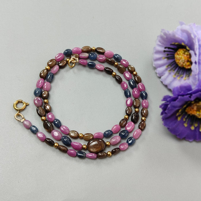 Multi Sapphire Gemstone Beads Necklace: 84.00cts (Approx) Natural Untreated Unheated Sapphire Plain Oval Brass Necklace 6*4mm - 7*5mm 20"