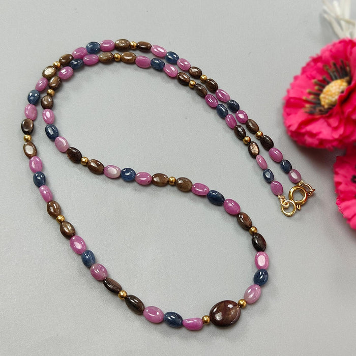 Multi Sapphire Gemstone Beads Necklace: 84.00cts (Approx) Natural Untreated Unheated Sapphire Plain Oval Brass Necklace 6*4mm - 7*5mm 20"