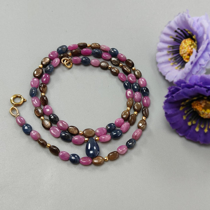 Multi Sapphire Gemstone Beads Necklace: 85.00cts (Approx) Natural Untreated Unheated Sapphire Plain Oval Brass Necklace 6*4mm - 7*5mm 21"