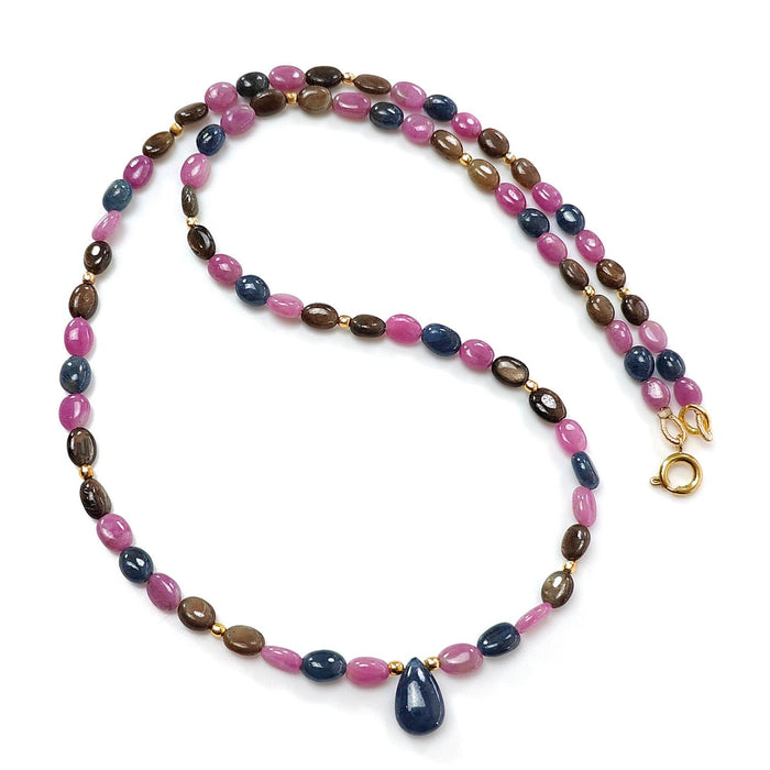 Multi Sapphire Gemstone Beads Necklace: 85.00cts (Approx) Natural Untreated Unheated Sapphire Plain Oval Brass Necklace 6*4mm - 7*5mm 21"