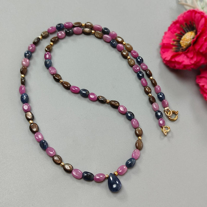 Multi Sapphire Gemstone Beads Necklace: 85.00cts (Approx) Natural Untreated Unheated Sapphire Plain Oval Brass Necklace 6*4mm - 7*5mm 21"