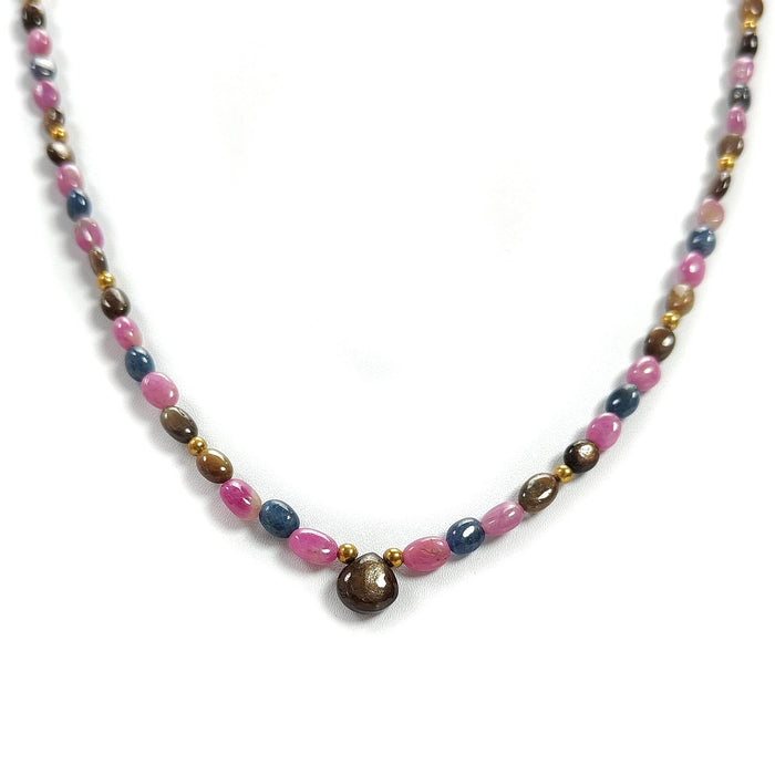 Multi Sapphire Gemstone Beads Necklace: 92.00cts Natural Untreated Unheated Sapphire Plain Oval Brass Necklace 6*4mm - 7*5mm 21"