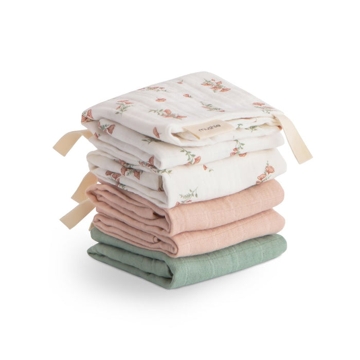Mushie - Muslin Cotton Washcloth (5 pack) - Pink flowers - Mabel & Fox