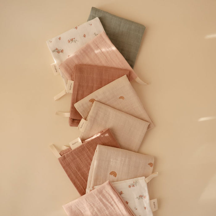 Mushie - Muslin Cotton Washcloth (5 pack) - Pink flowers - Mabel & Fox