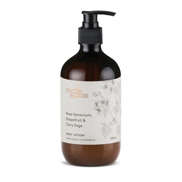 body lotion rose geranium by myrtle & moss pump