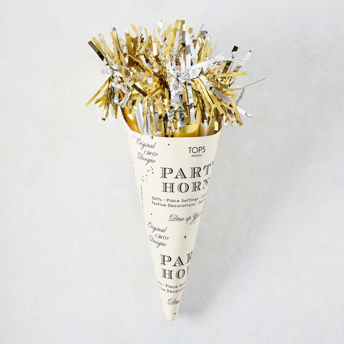 White party horn with gold and silver metallic fringe, "Party Horn" text.