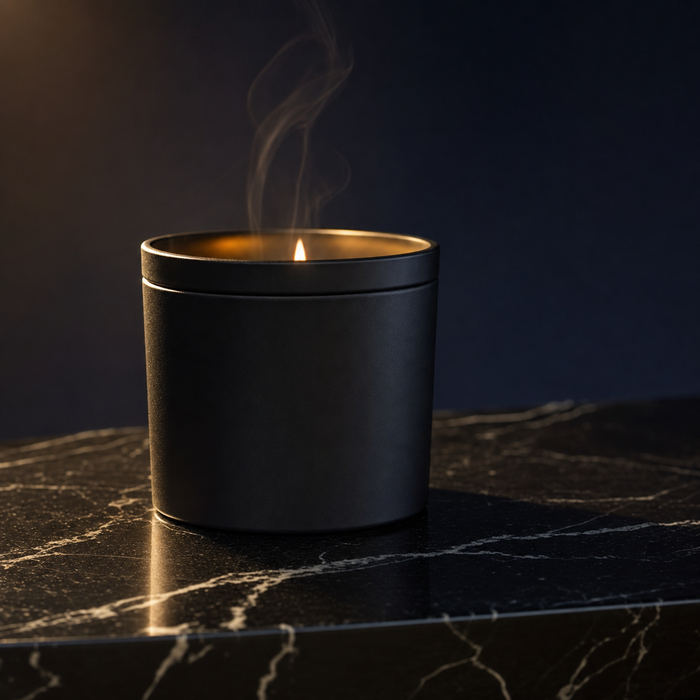 Obsidian Brew No. 08 Black Tin Candle — luxury editorial product photograph on dark Marquina marble with lit flame and dramatic sidelight