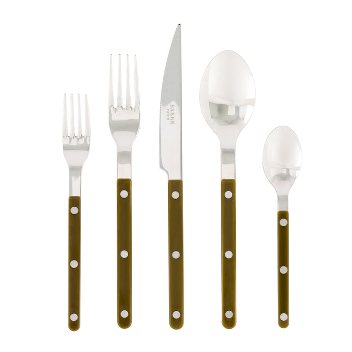 Olive green bistro 5-piece flatware set with stainless steel utensils and acrylic handles.
