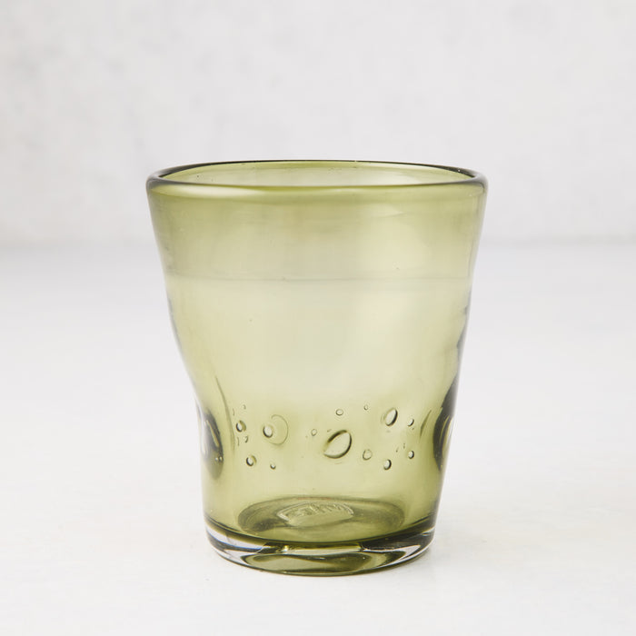 Olive Henri 8 oz. mouth-blown glass with unique imperfections and small air bubbles.