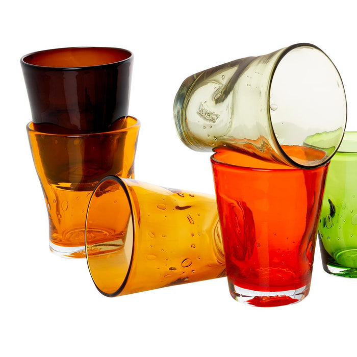Assortment of handmade Olive Henri 8 oz. mouth-blown glasses in amber, orange, olive, and lime green.