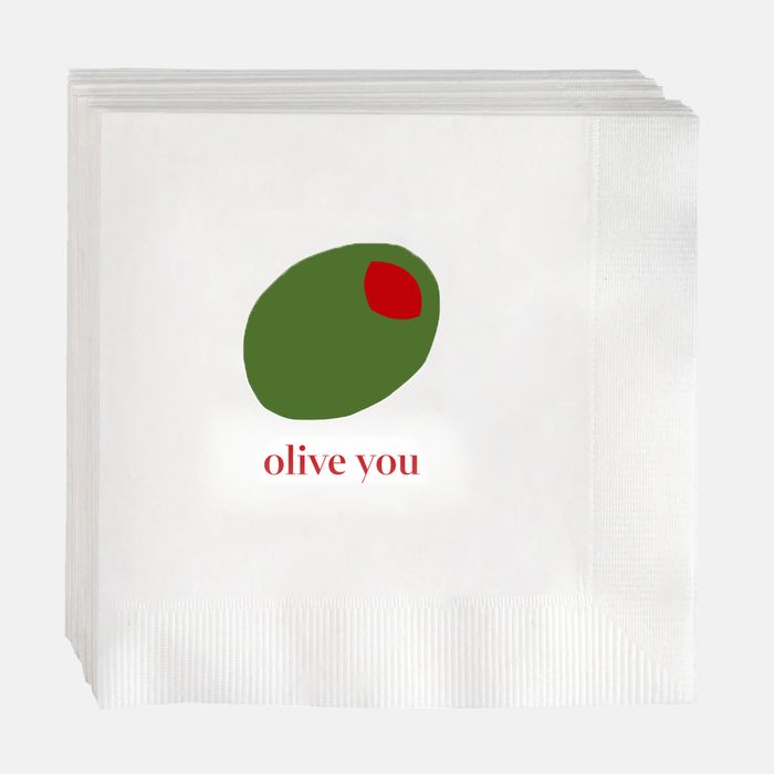 White 3-ply paper cocktail napkins with a green olive and red pimento design, "olive you" text.