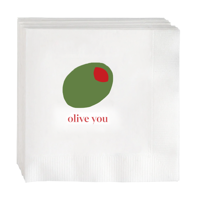 White paper cocktail napkins with a green olive and red pimento design, "olive you" text.