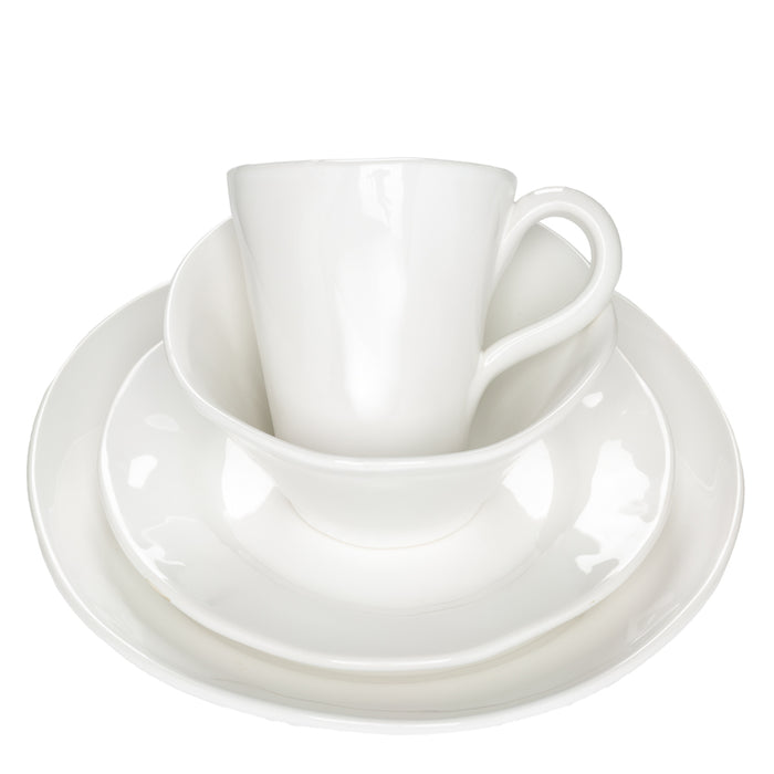 HG Organic Collection creamy white ceramic low bowl, plate, and mug stack.