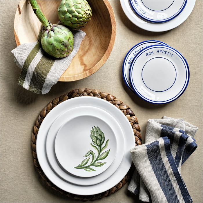 10-inch white ceramic salad plate with artichoke illustration, crafted in Italy with a clean, classic aesthetic.