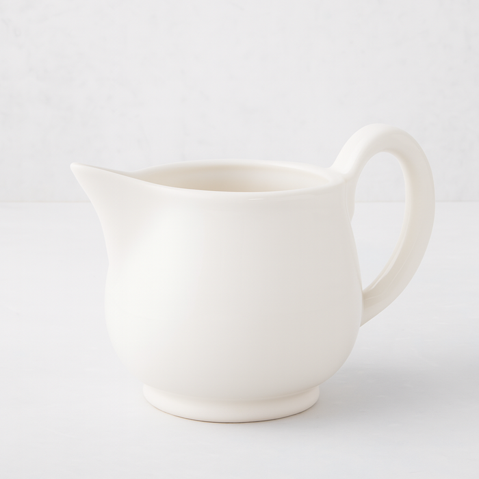 Creamy white ceramic pitcher with a sturdy handle and angled spout.