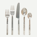 Orleans Stainless 5-piece flatware set with hand-hammered texture: dinner knife, dinner fork, soup spoon, salad fork, teaspoon.