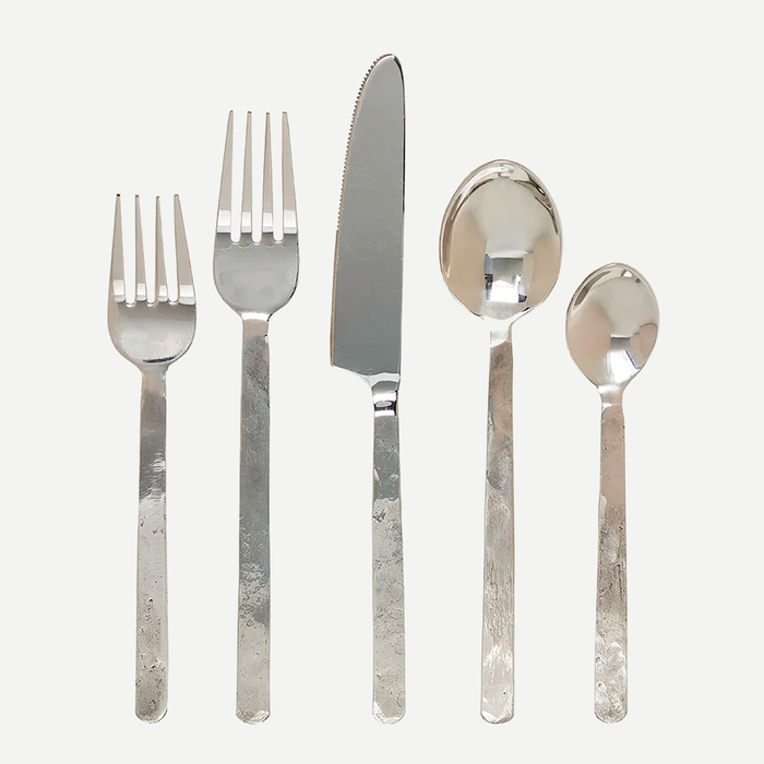 Orleans Stainless 5-piece flatware set with hand-hammered texture: dinner knife, dinner fork, soup spoon, salad fork, teaspoon.