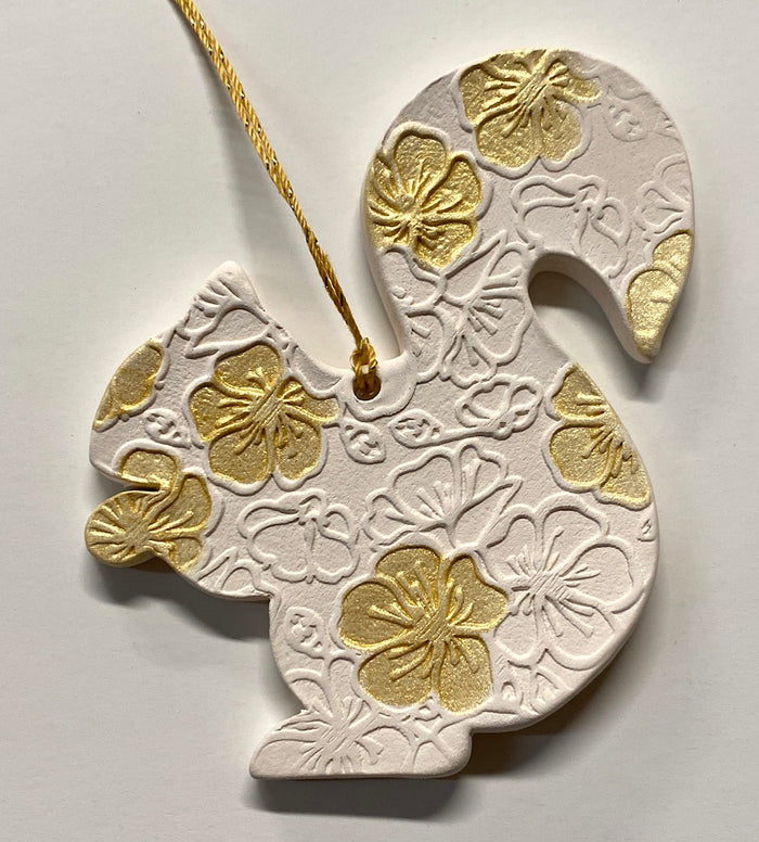 Ornament - Ceramic - White Squirrel with Gold Floral Design - Small
